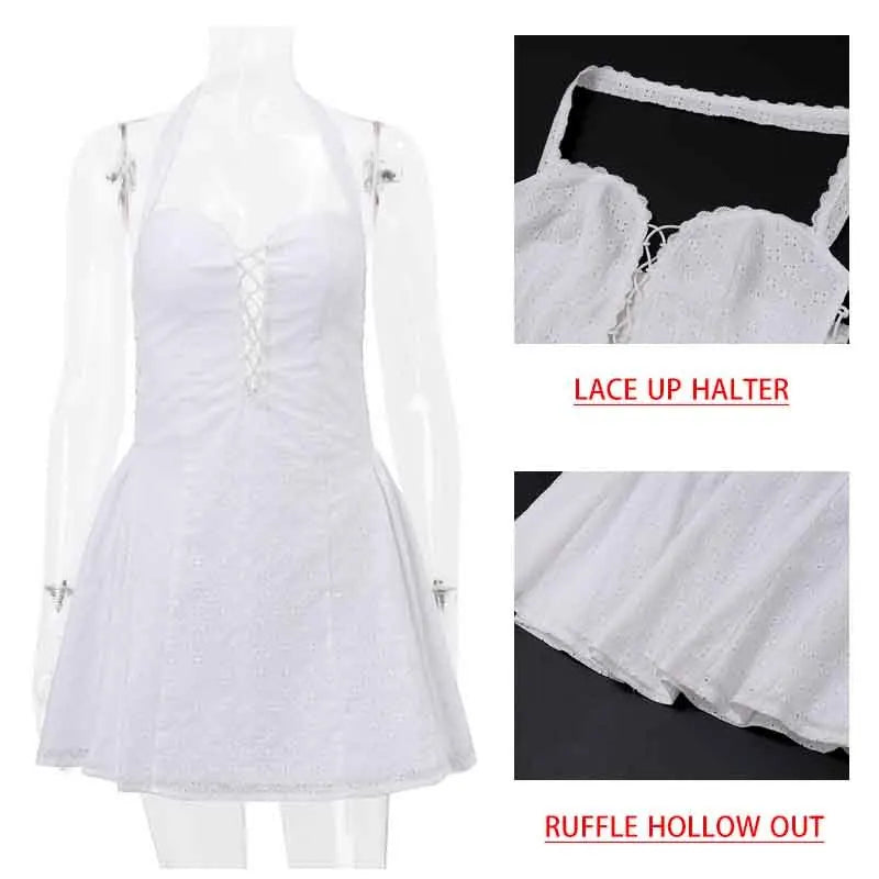 Elegant White Halter Lace-Up Mini Party Dress - Image 5