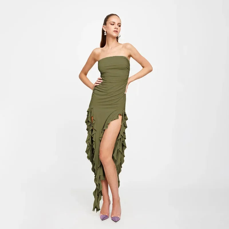 Elegant Off-Shoulder Ruffle Midi Dress for Beach Holidays - Image 12