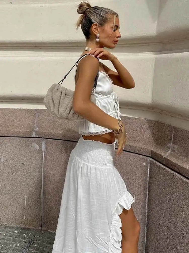 Elegant White Lace Ruffle Two-Piece Set for Women - Image 3