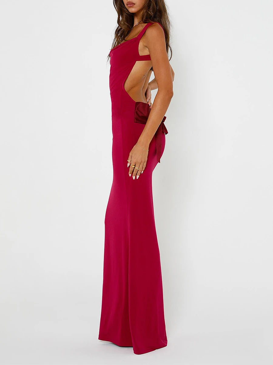 Elegant Sleeveless Satin Bow Long Cocktail Dress - Image 7