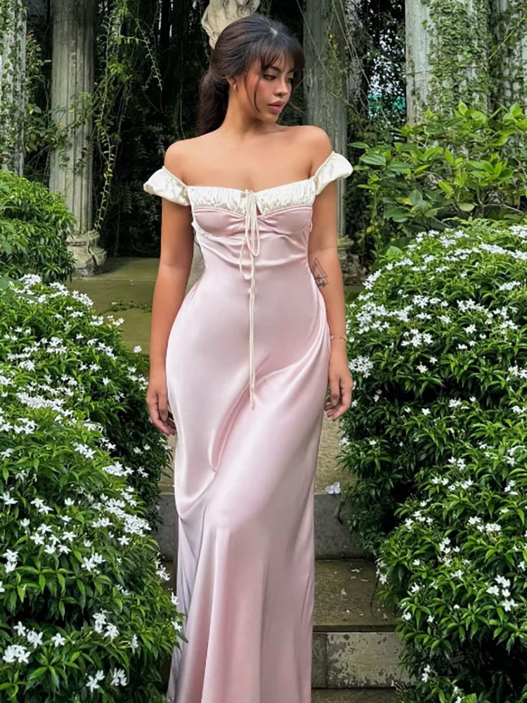 Elegant Off-Shoulder Pink Lace-Up Maxi Dress for Women