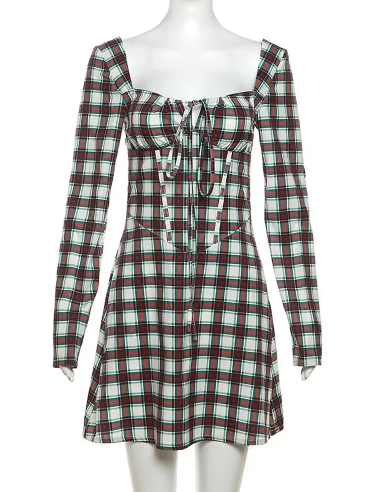 Backless Plaid Mini Dress with Square Collar & Long Sleeves - Image 8