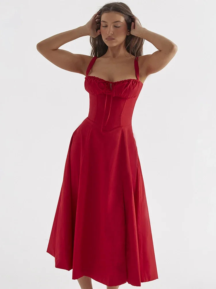 Elegant Red A-Line Midi Dress with Spaghetti Straps - Image 6