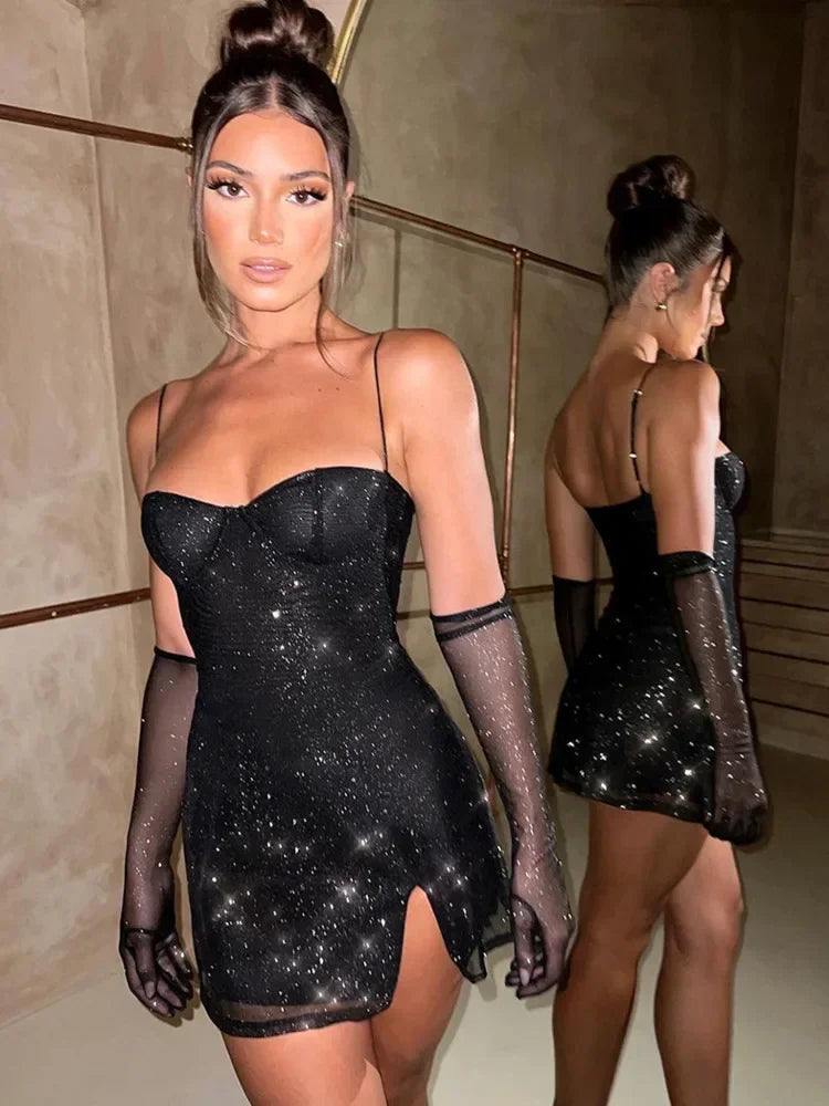 Elegant Off-Shoulder Backless Glitter Mini Dress for Parties - Image 3