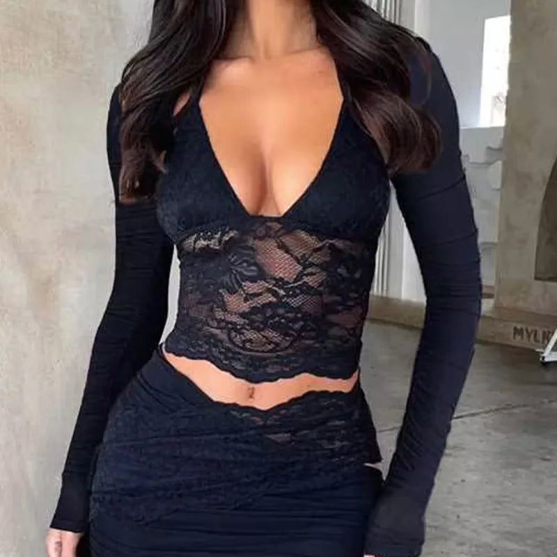 Floral Lace Sheer Camisole & Long Sleeve Crop Top Set - Image 8