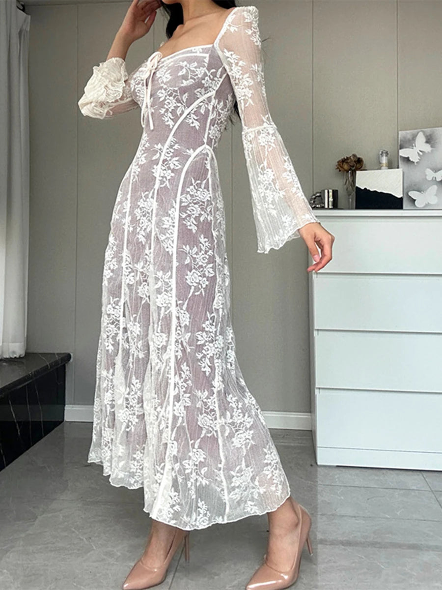 Chic Long Sleeve Lace Dress with Floral Tie-Up - Image 4