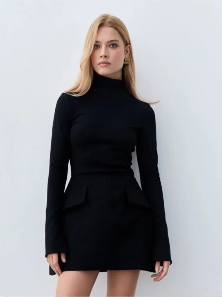 Elegant Red Turtleneck Mini Dress with Pockets for Women - Image 4