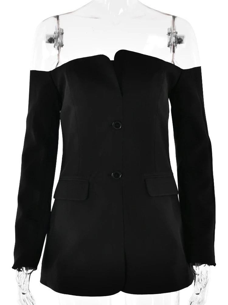 Off Shoulder Yellow Long Sleeve Blazer Dress for Women - Image 8
