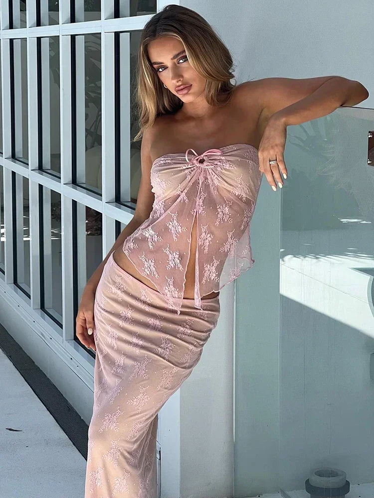 Sheer Lace Rose Print Strapless Crop Top & Skirt Set - Image 3