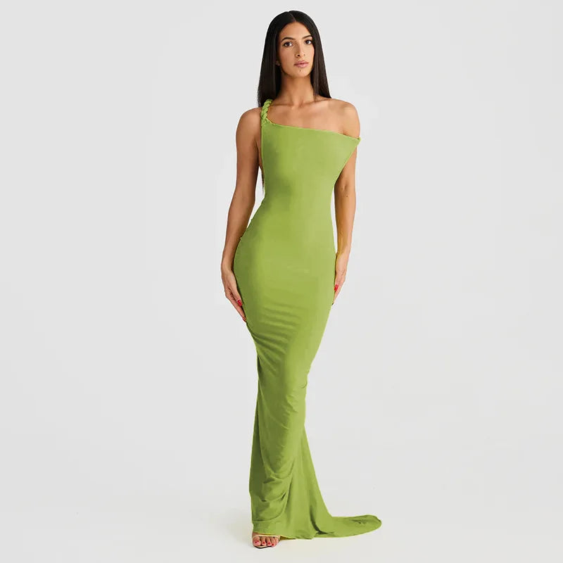 Elegant Off-Shoulder Pleated Backless Maxi Evening Dress - Image 5