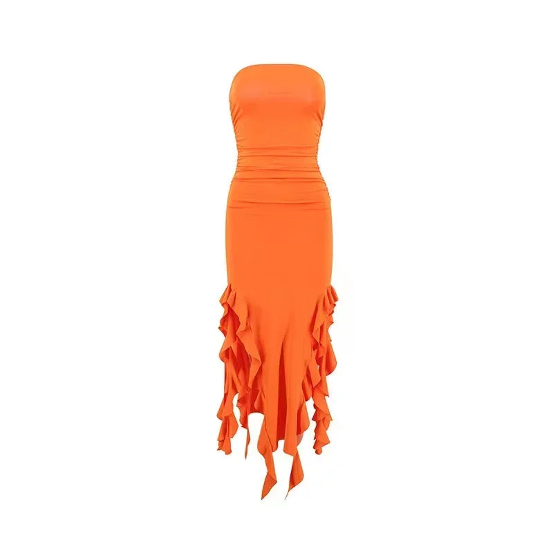 Elegant Off-Shoulder Ruffle Midi Dress for Beach Holidays - Image 10