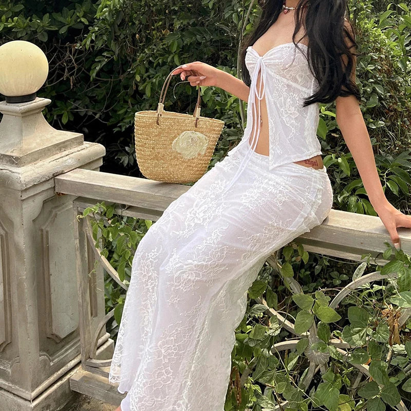 Vintage Floral Lace Strapless Crop Top & Skirt Set - Image 3