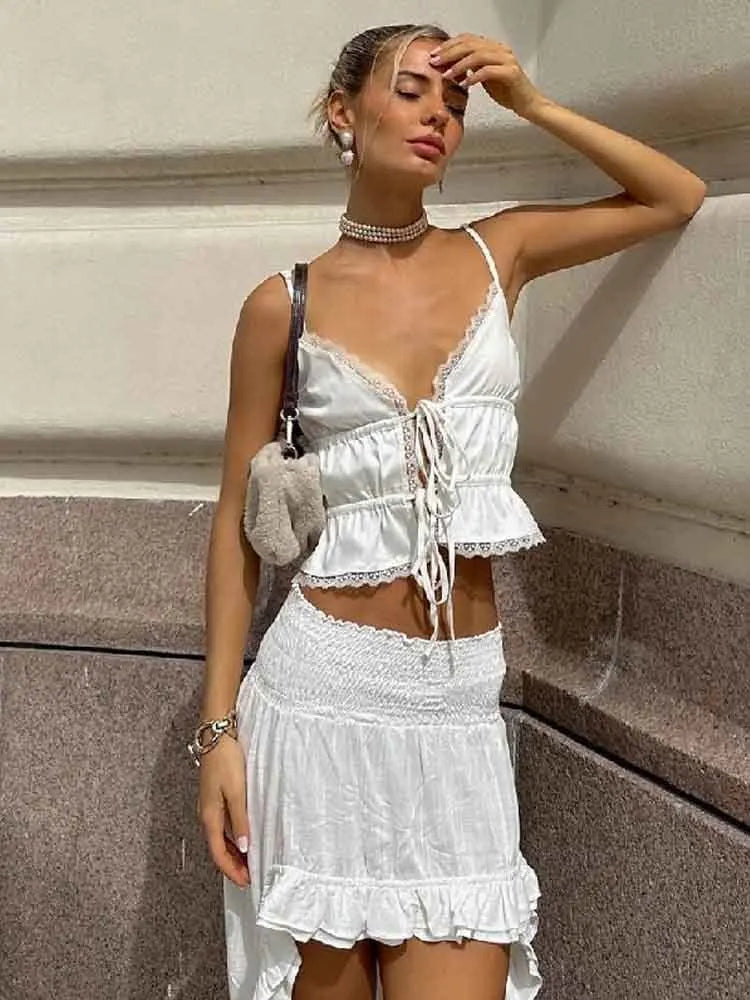 Elegant White Lace Ruffle Two-Piece Set for Women