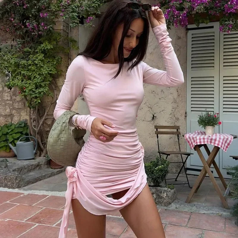 Elegant Pink Pleated Long Sleeve Mini Dress for Parties - Image 9