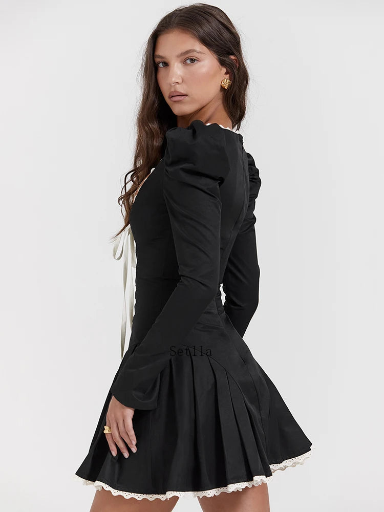 Elegant Puff Sleeve Mini Dress with Square Collar - Image 3