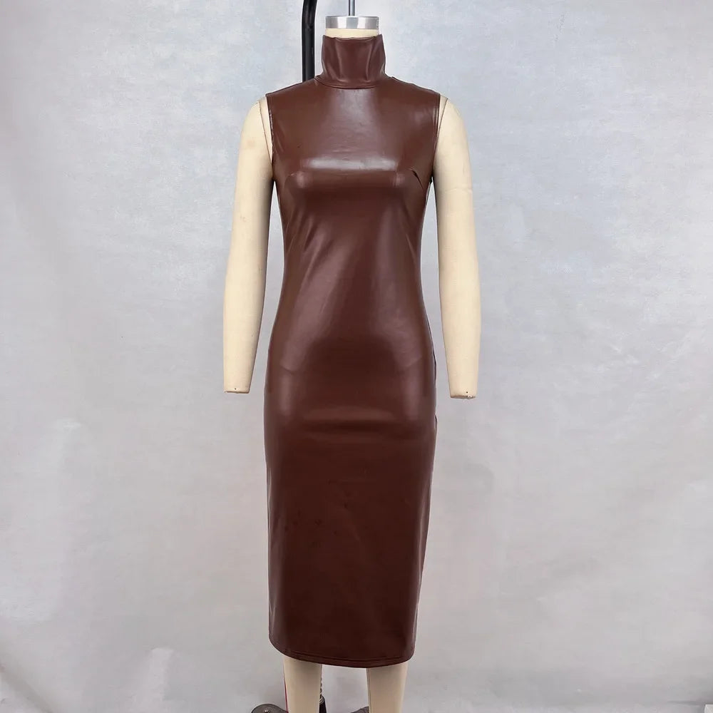 Women's High-Neck Sleeveless PU Leather Split Dress - Image 7