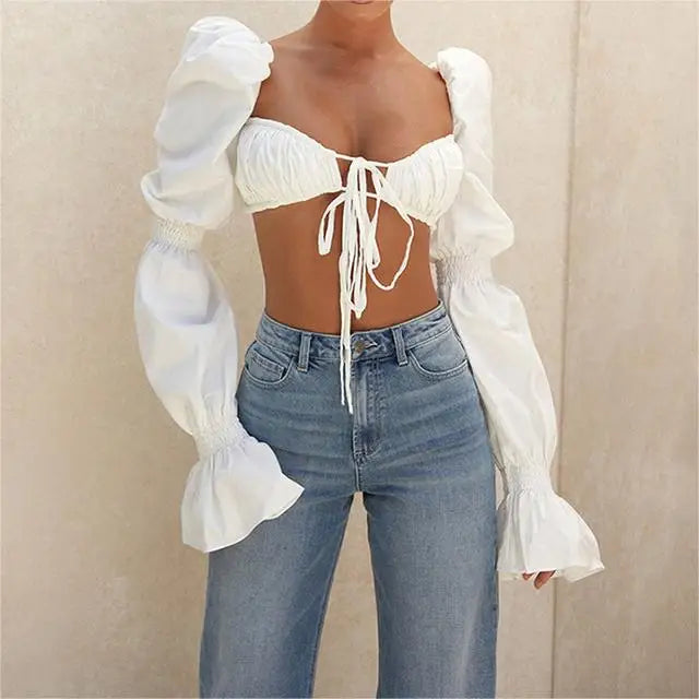 Casual Lantern Sleeve Tie-Up Boat Neck T-Shirt for Women - Image 5