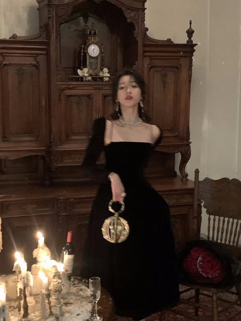 Elegant Black Velvet Spaghetti Strap Midi Dress for Women - Image 6