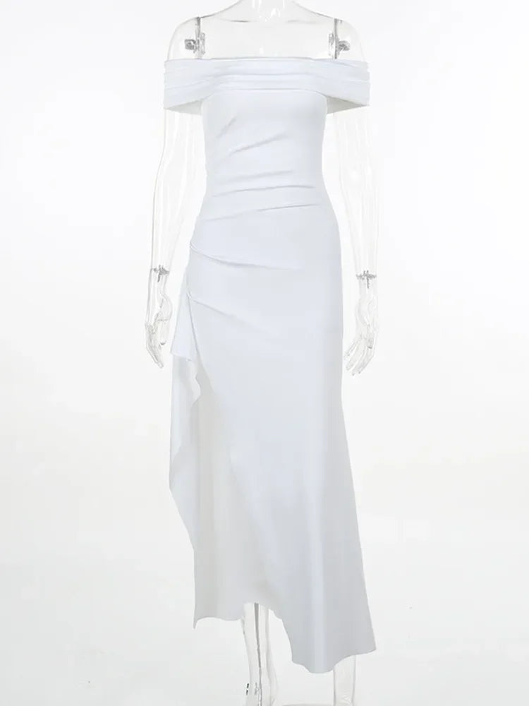 Elegant Off-Shoulder Ruffled Thigh High Split Maxi Dress - Image 6