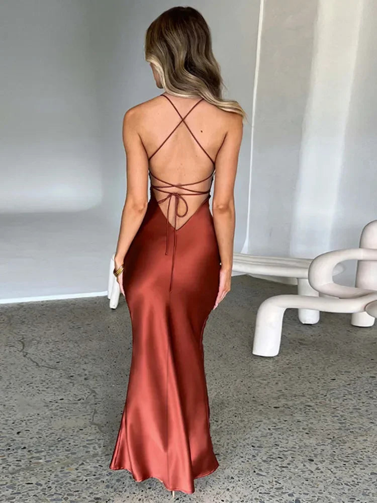 Satin Backless Maxi Dress - Spaghetti Strap Bodycon Style - Image 3