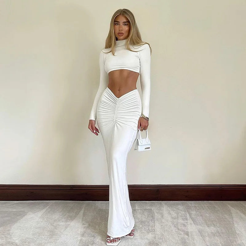 Elegant White Long Sleeve 2-Piece Club Outfit Set - Image 3