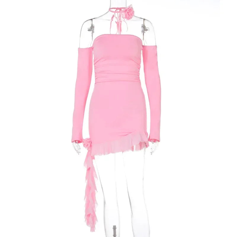 Elegant Off-Shoulder 3D Flower Ruffle Mini Dress - Image 4