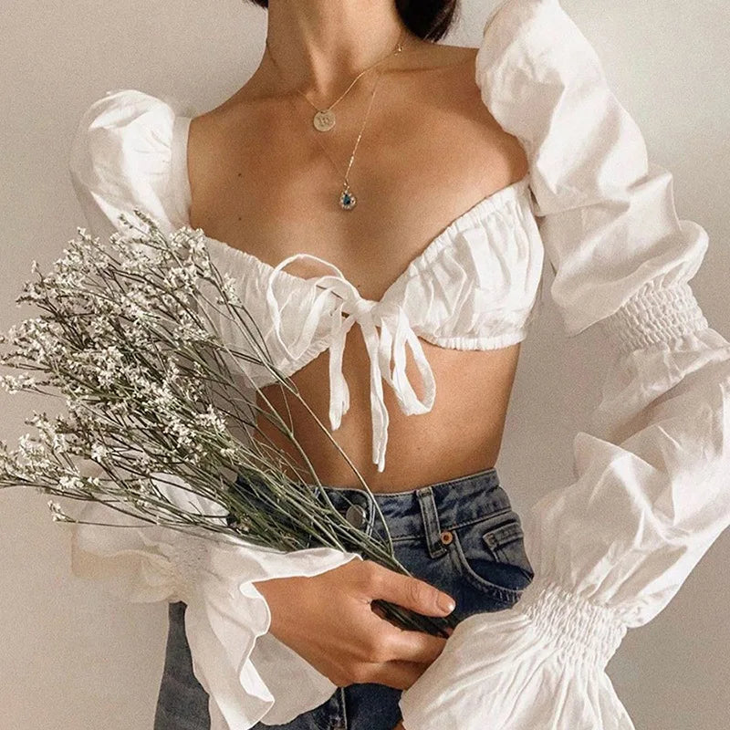 Casual Lantern Sleeve Tie-Up Boat Neck T-Shirt for Women - Image 3