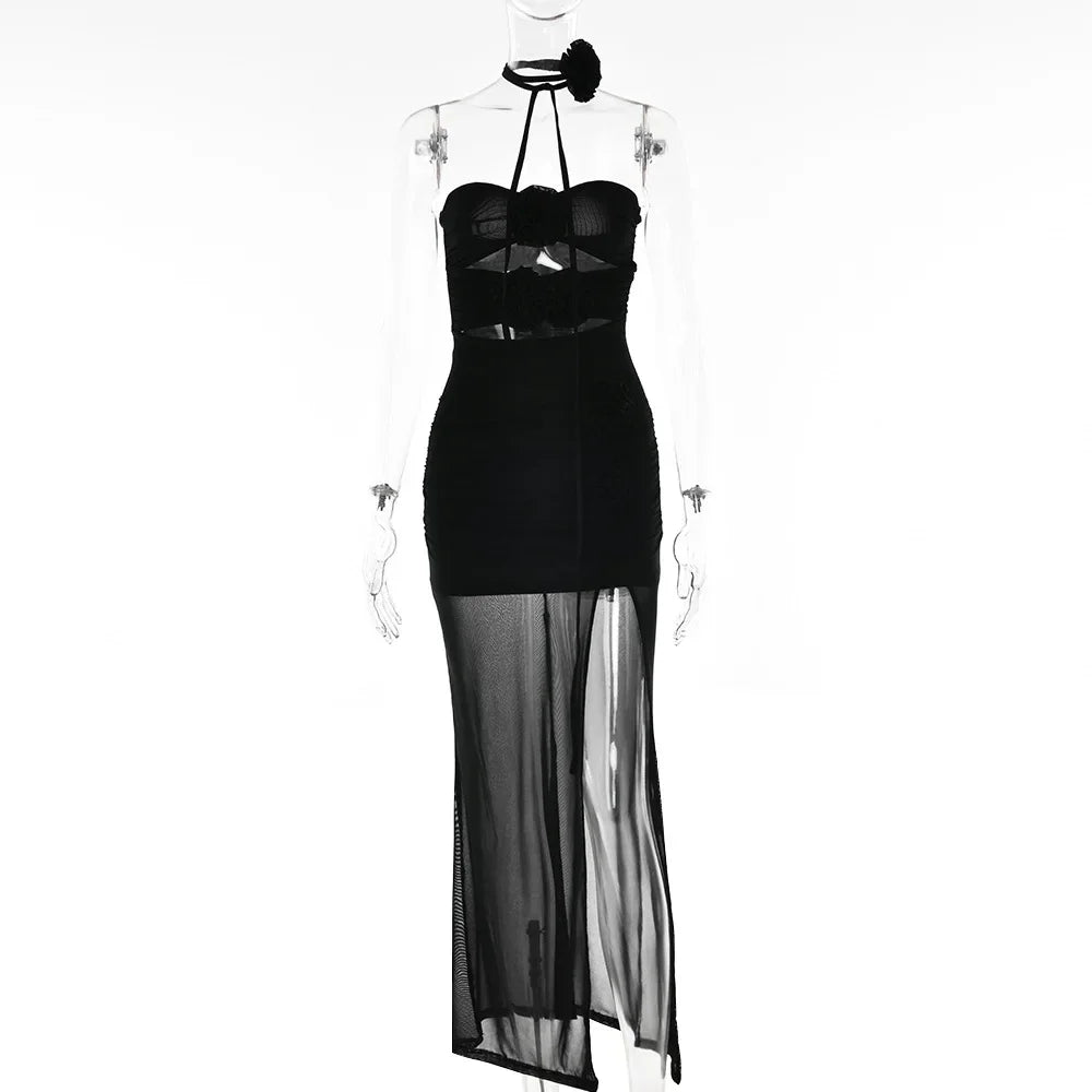 Elegant Black Halter Neck Bodycon Maxi Dress for Parties - Image 6