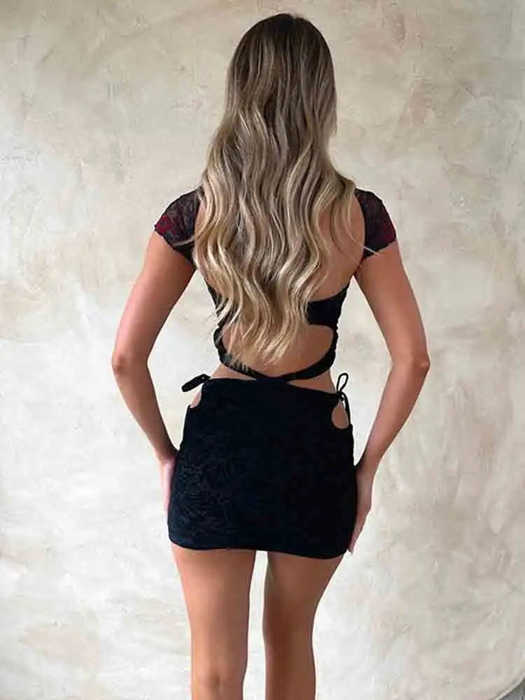 Black Lace Hollow Out Backless Bodycon Mini Dress for Women - Image 3
