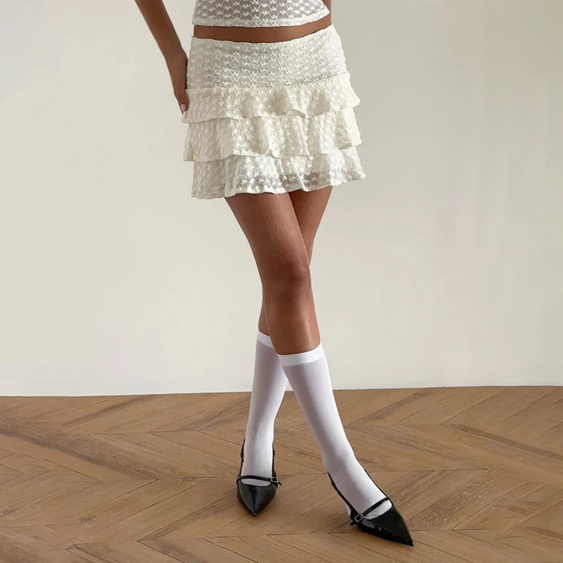 Heart Pattern Lace Sheer Ruffled Skirt and Bow Crop Top Set - Image 7