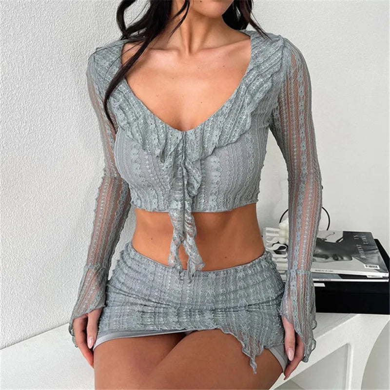 Elegant V-Neck Crop Top and Irregular Skirt Set - Image 5