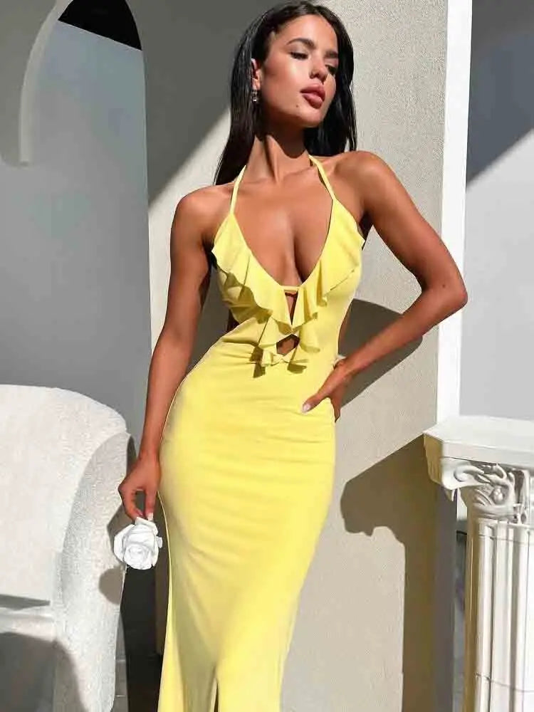 Elegant White Ruffle Backless Bodycon Maxi Dress for Women - Image 4