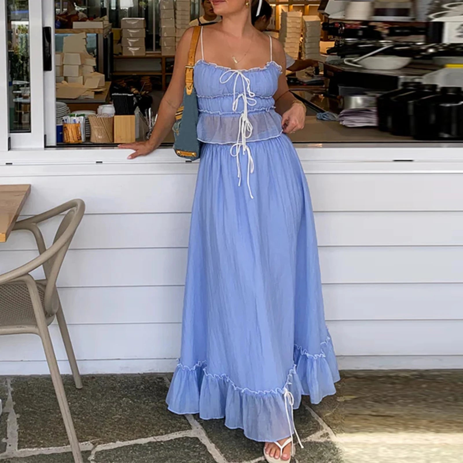 Elegant Vintage Ruffled Crop Top & High Waist Maxi Skirt