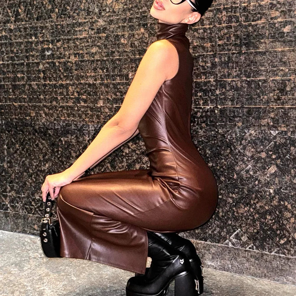 Women's High-Neck Sleeveless PU Leather Split Dress - Image 3