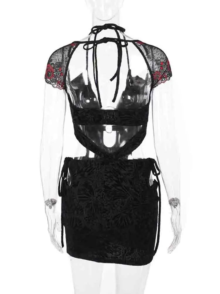 Black Lace Hollow Out Backless Bodycon Mini Dress for Women - Image 6