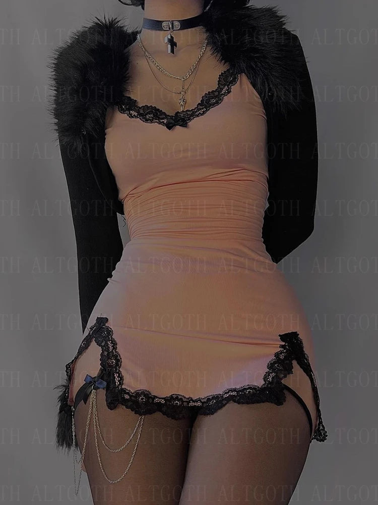 Aesthetic V-Neck Lace Trim Mini Dress for Women - Image 5