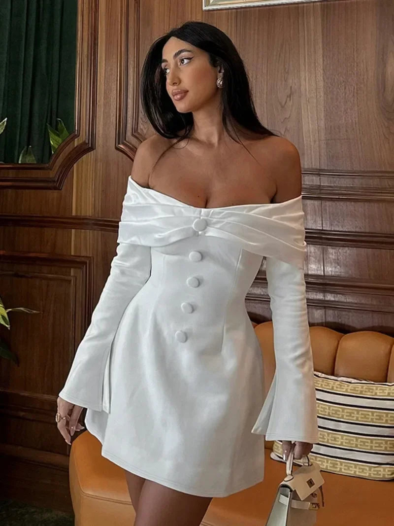 Elegant White Party Dress with Button Detail and Flare Sleeves