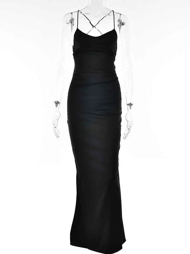 Elegant Satin Black Backless Bodycon Maxi Dress for Women - Image 9