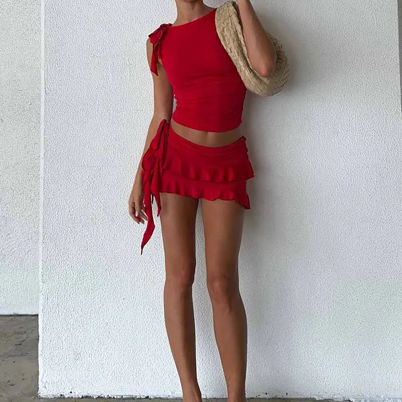 Vintage Lettuce Edge Crop Top & Ruffled Mini Skirt Set - Image 5