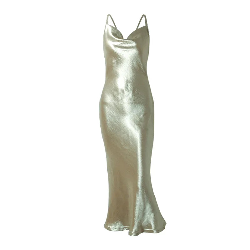 Elegant Backless Satin Halter Fishtail Skirt Dress - Image 5