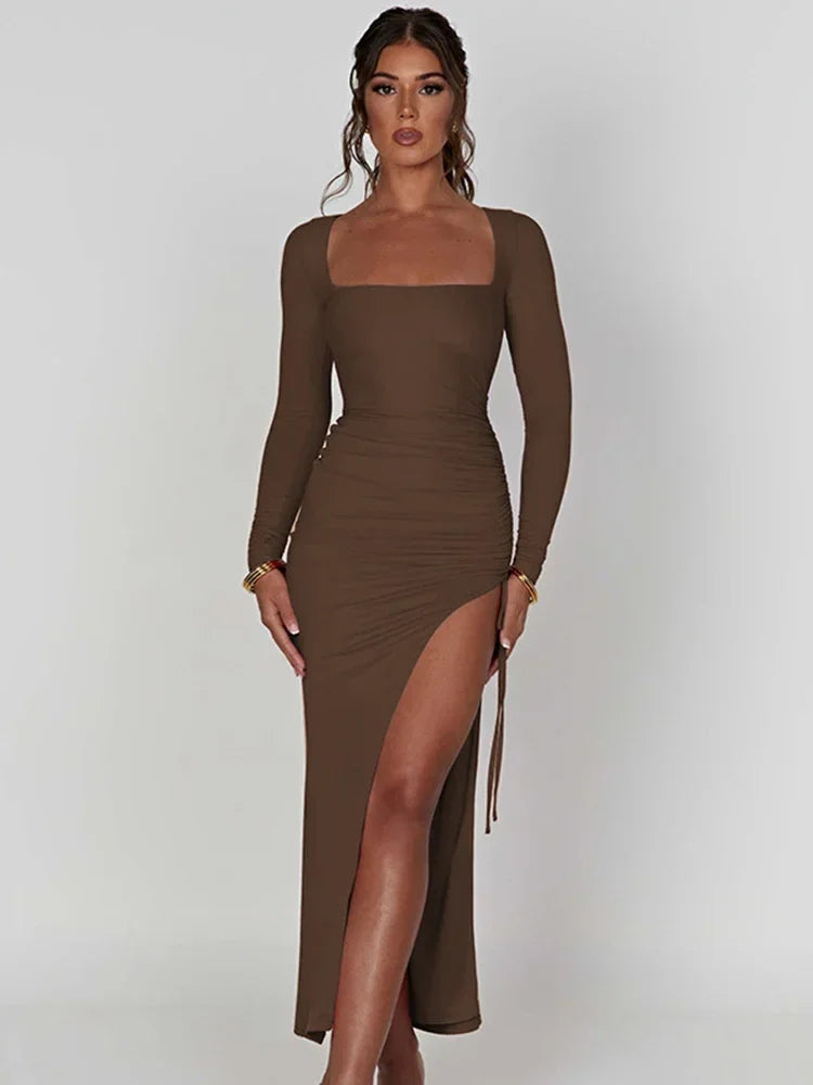 Elegant Long Sleeve Ruched Maxi Dress with High Split - Image 5