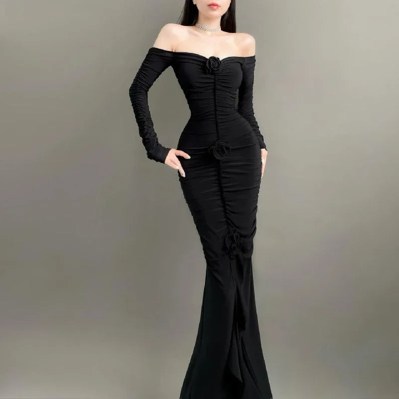 Elegant Off-Shoulder Maxi Dress with Floral Ruffles - Image 7