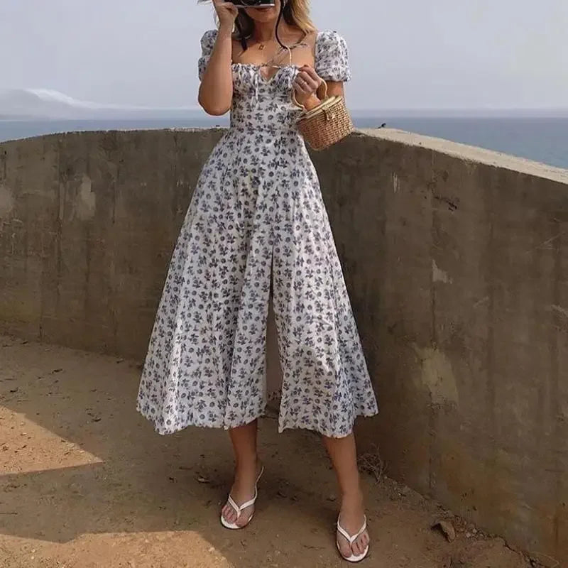 Vintage Floral Puff Sleeve Lace-Up High Split Midi Dress - Image 3