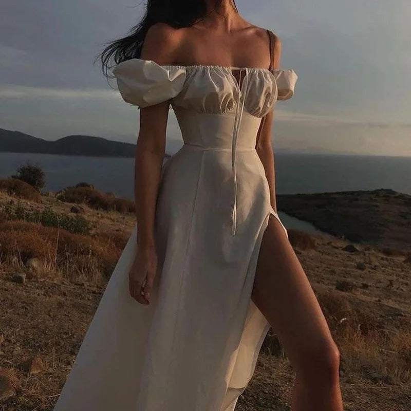Trendy Summer Bubble Sleeve Lace-Up Long Dress - Image 7