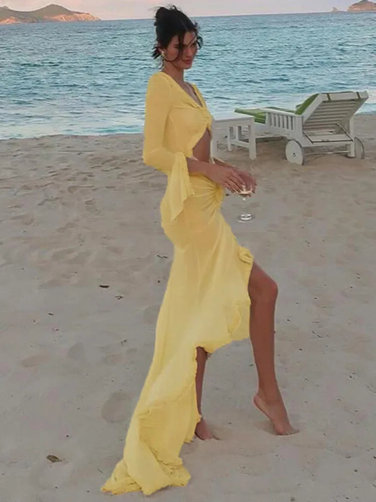 Elegant Hollow Out Long Sleeve Sexy Maxi Dress - Image 5