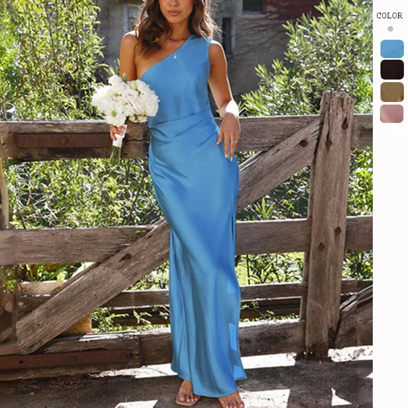 Elegant One-Shoulder Split Satin Dress for Summer Evenings