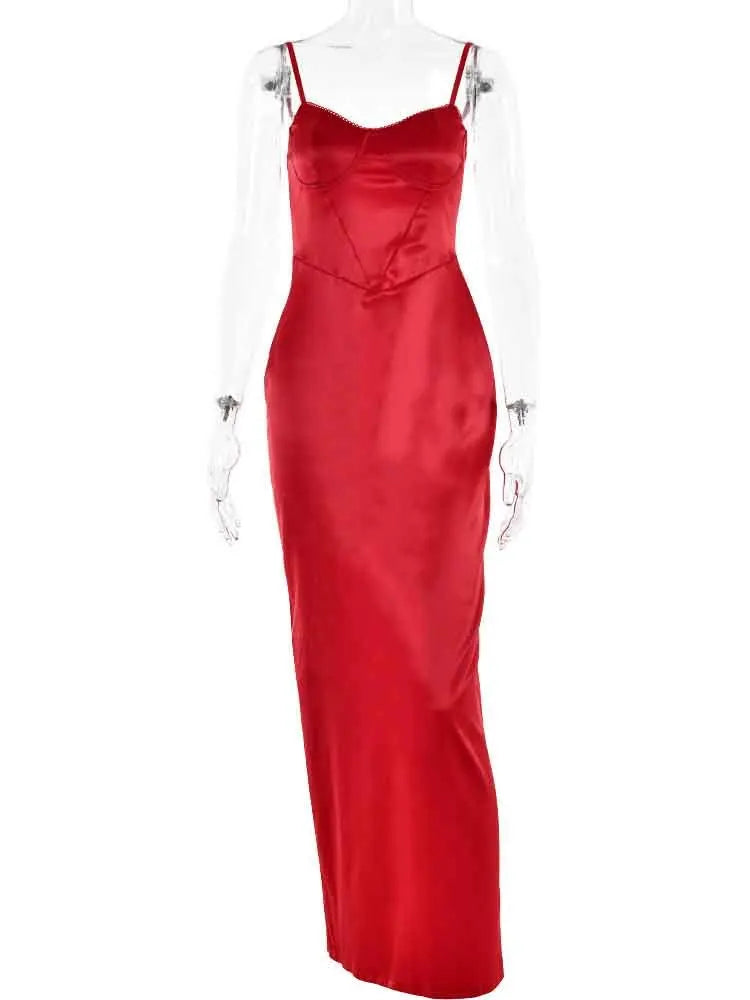 Elegant Red Satin Backless Maxi Dress for Parties - Image 5