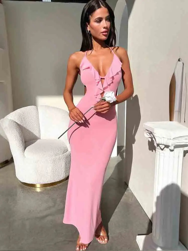 Elegant White Ruffle Backless Bodycon Maxi Dress for Women - Image 3