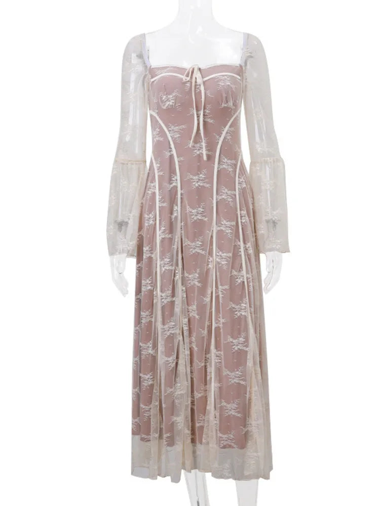 Elegant Long Sleeve Lace Backless Square Neck Dress - Image 6