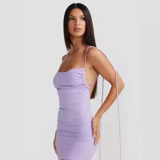 Chic Backless Halter Solid Color Pleated Maxi Dress - Image 6